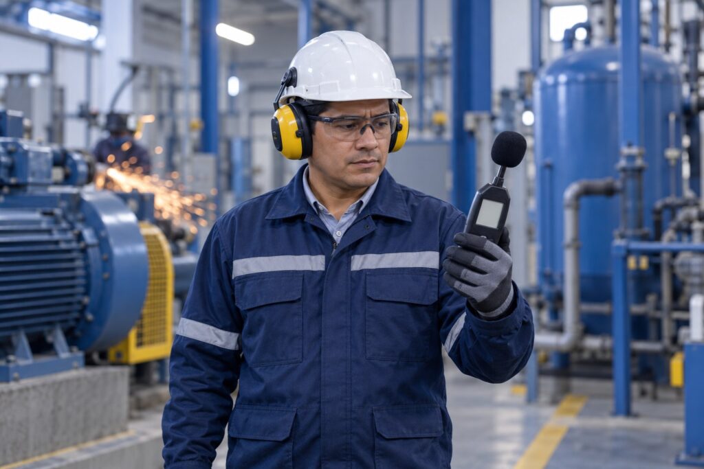 Técnico de mantenimiento con casco, orejeras y lentes de seguridad mide el ruido de un motor industrial con un sonómetro